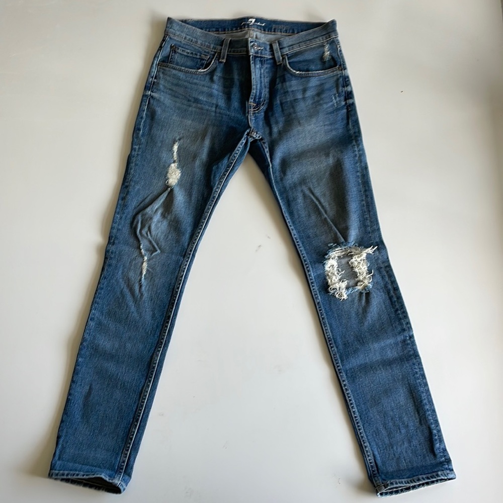 7 For All Mankind Men's Distressed Blue Paxtyn Skinny Fit Jeans Size 32